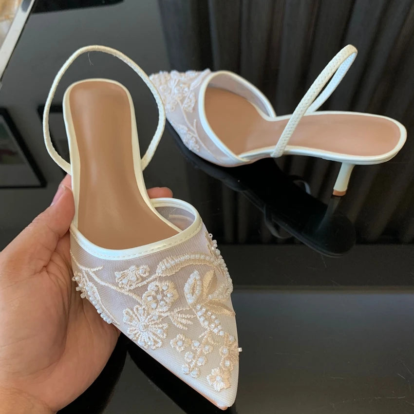 Women White Slingback High Heels Mesh Embroidered Floral Wedding Dress Shoes