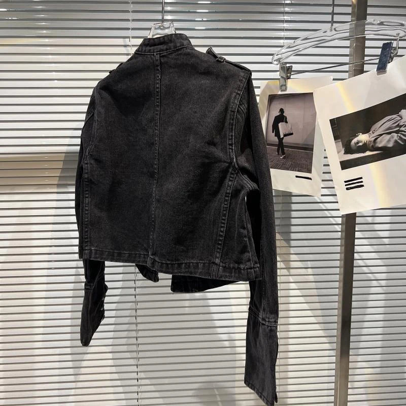 Vintage Washed Punk Denim Jacket for Women Stand Collar Coat