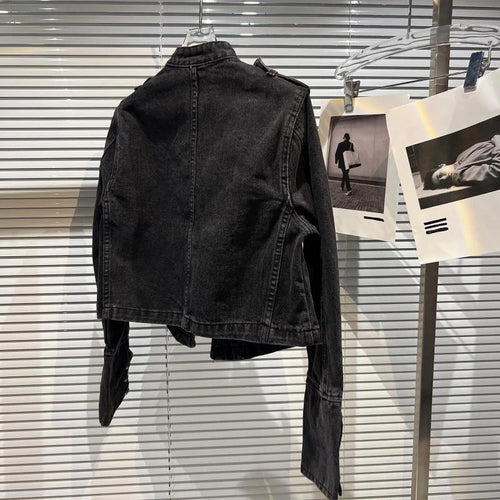 Vintage Washed Punk Denim Jacket for Women Stand Collar Coat