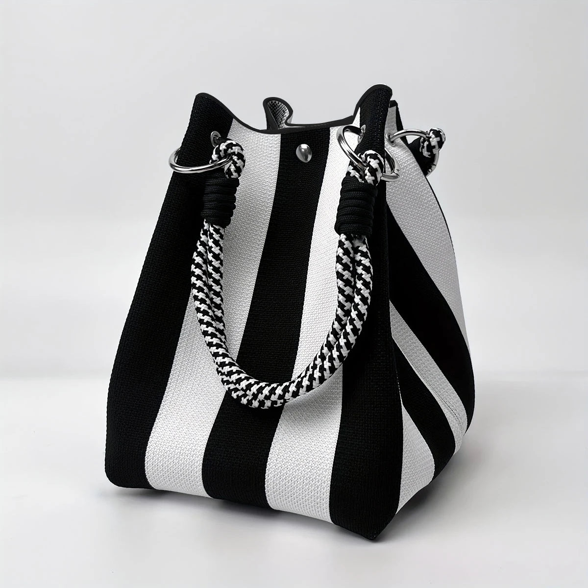 Multicolor Knit Bucket Bag Retro Color Block Handbag