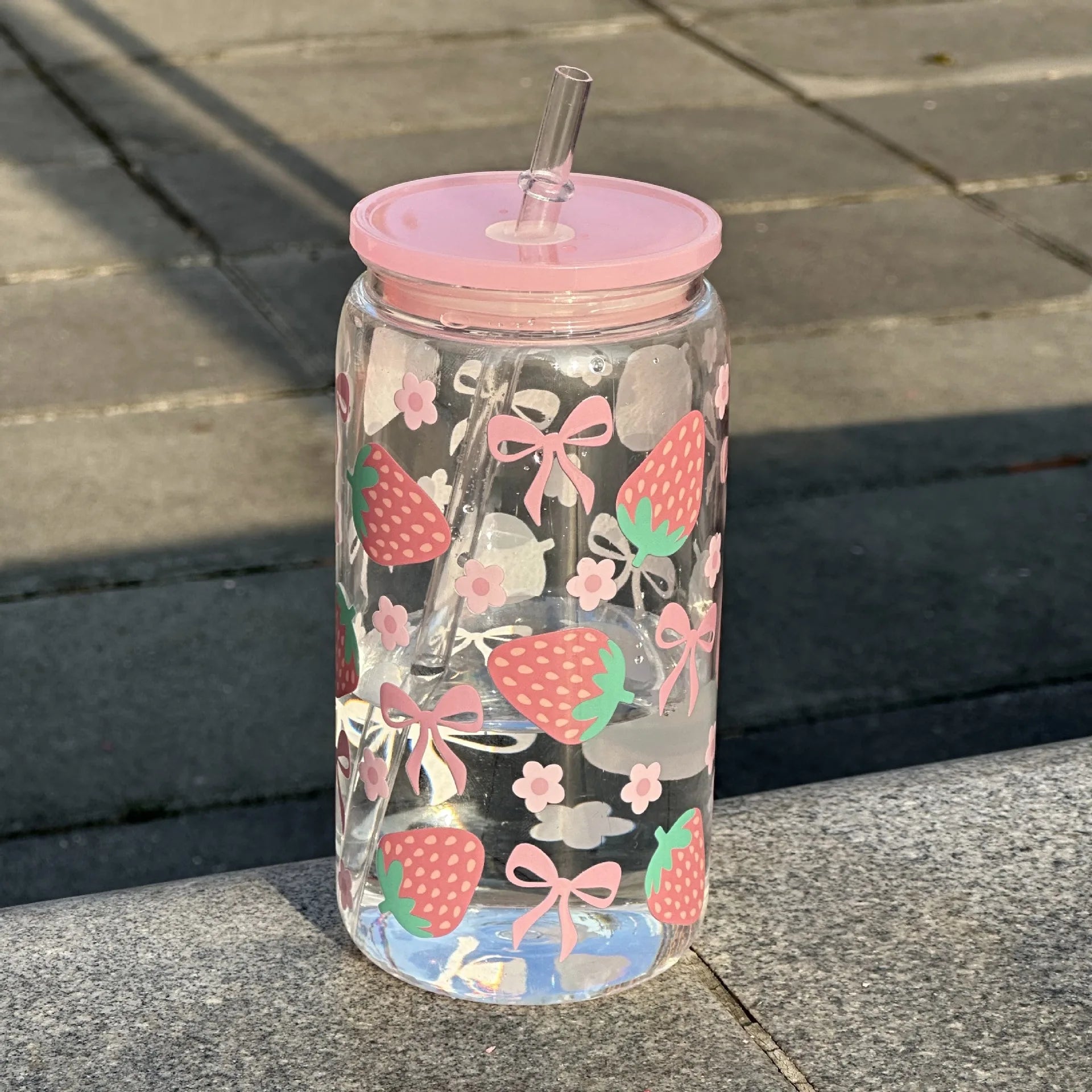 500ml Cute Bow Glass Cup Mason Jar Tumbler With Lid Straw Iced Coffee Juice Bottle