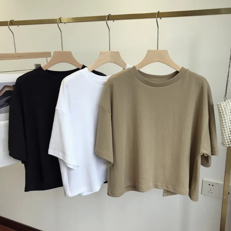Women Backless Crop Top Short Sleeve Loose Casual Summer T Shirt