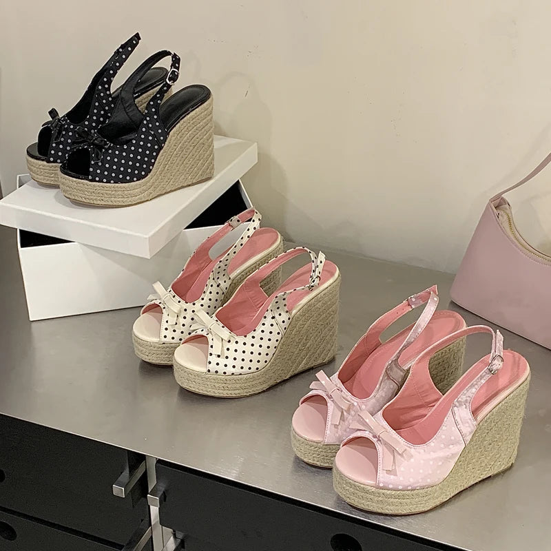 Women Woven Platform Wedge Sandals Thick Sole Roman Style Casual Summer Heels