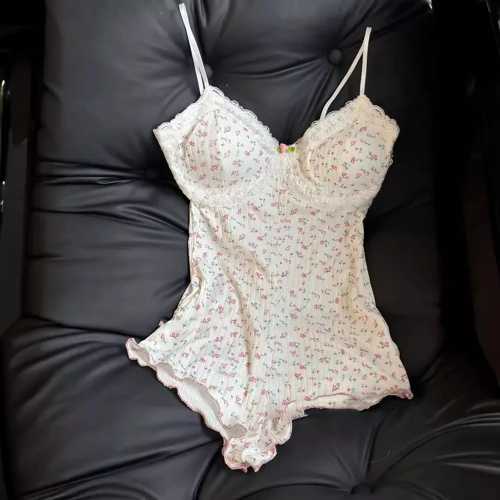 Women Floral Lace Bodysuit Sleeveless Slim Fit Leotard