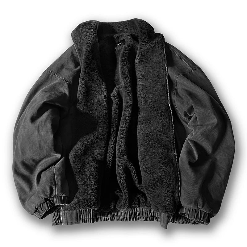 Men Vintage Polar Fleece Jacket Thick Winter Warm Loose Fit Streetwear Coat