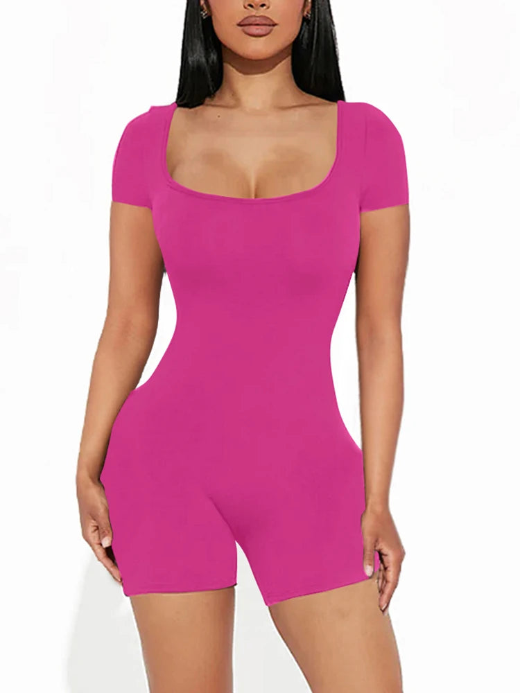 Women’s Solid U Neck Short Sleeve Romper Summer Yoga Fitness Jumpsuit