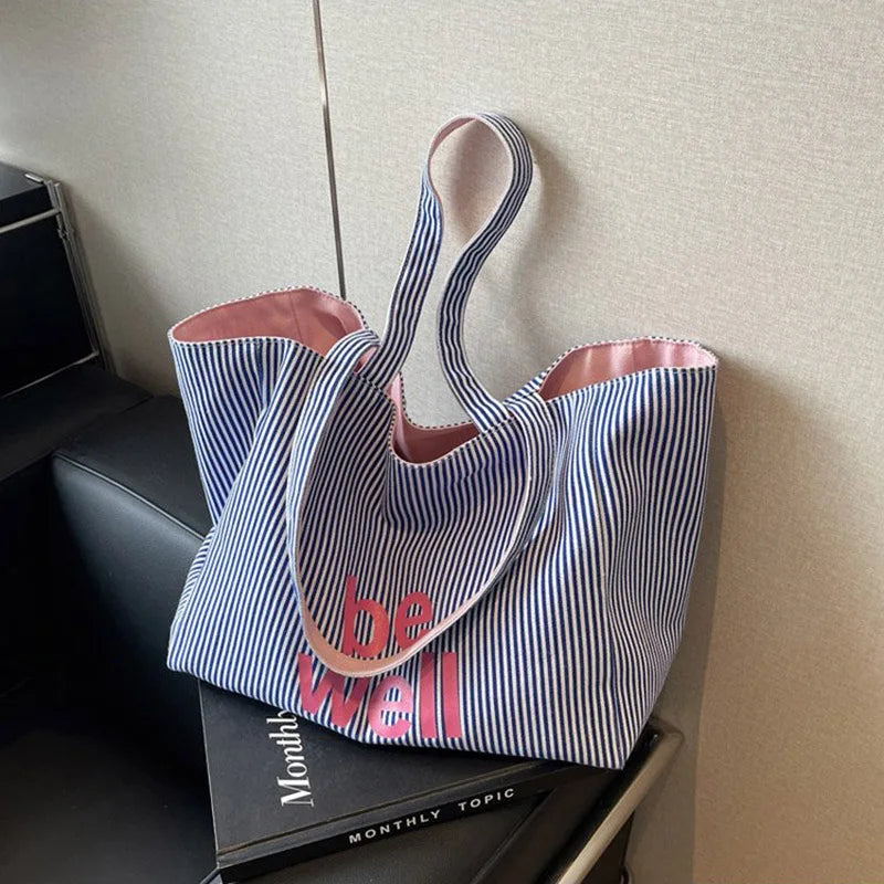 Women Striped Canvas Tote Bag Large Capacity Shoulder Bag