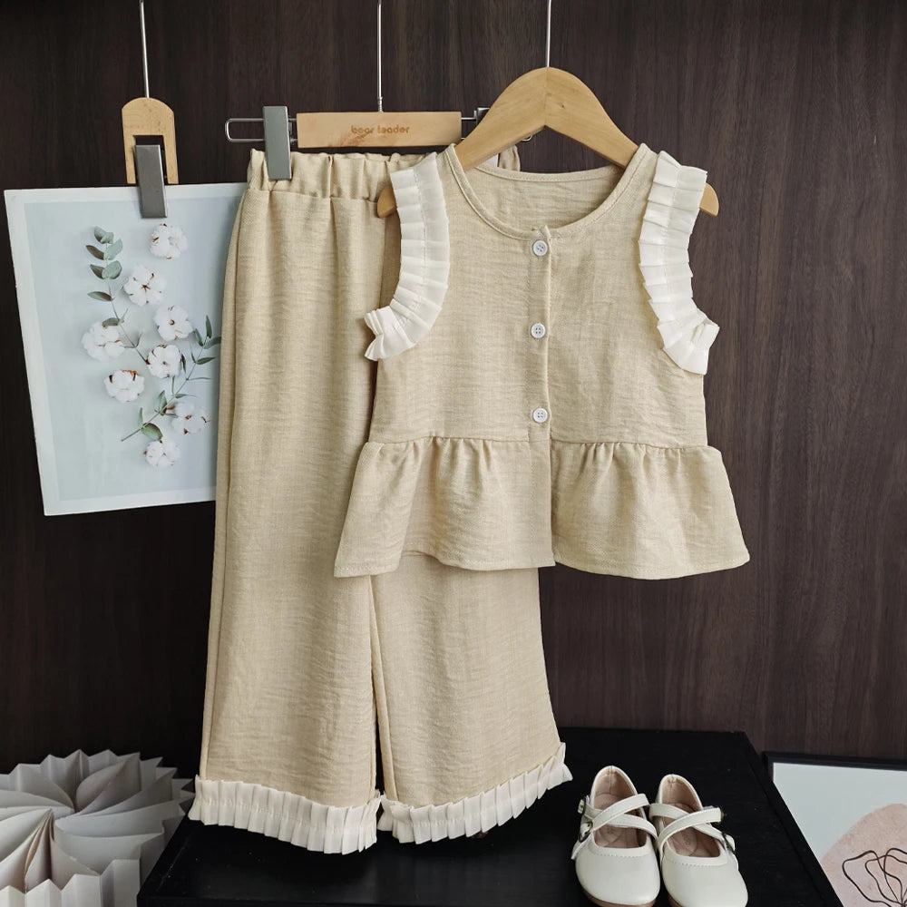 Girls Blue Denim Look Sleeveless Top and Wide Leg Pants Set
