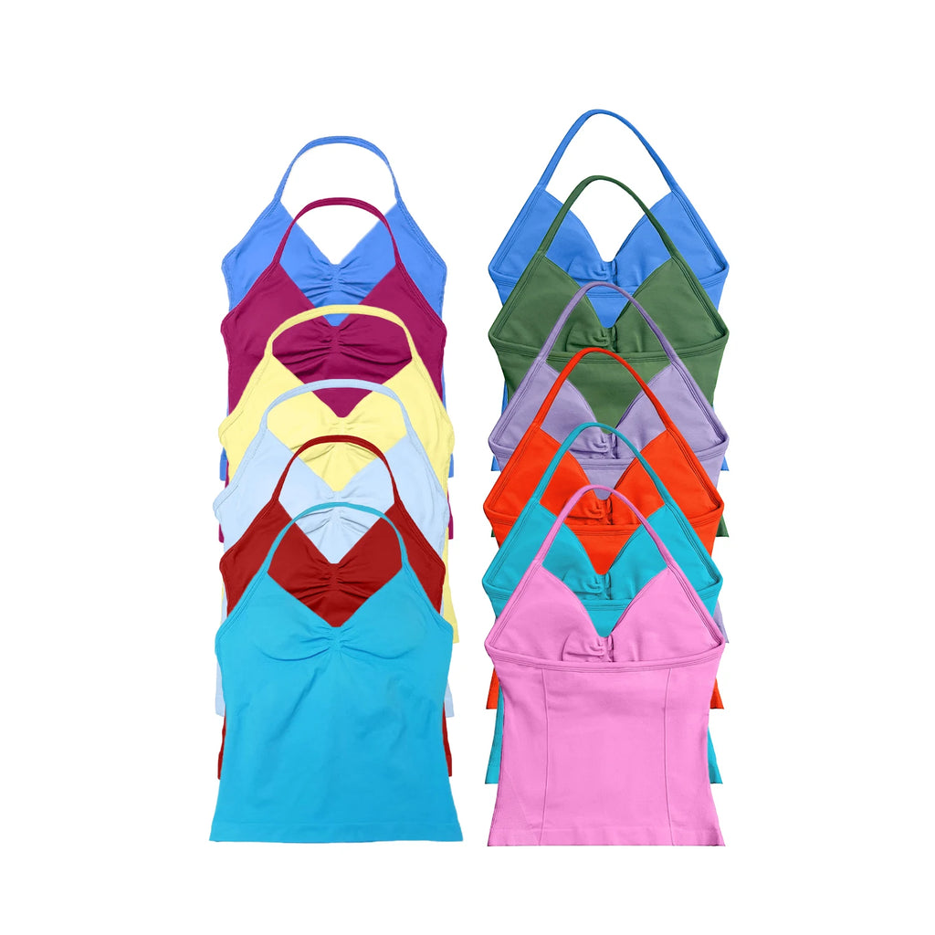 Longline Strappy Yoga Top Women Built In Bra Gym Fitness Halter Vest