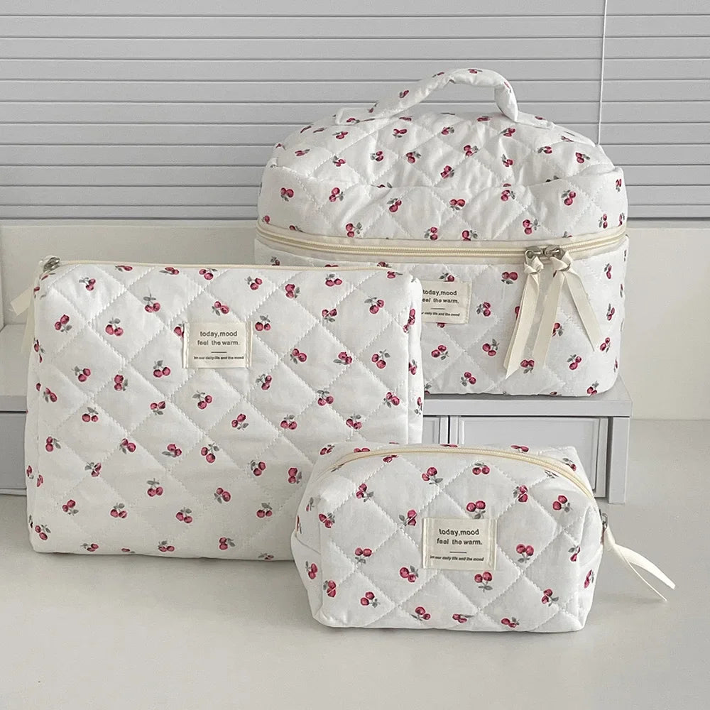 Pink Strawberry Quilted Cosmetic Travel Makeup Storage Bag
