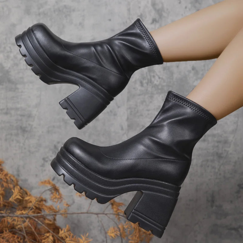 Women Square Toe Short Boots Leather Zipper High Heel Thick Sole Fashion Shoes