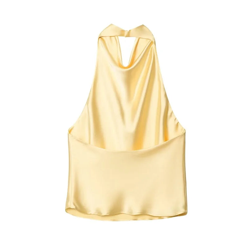 Women Satin Halter Backless Top Summer Beach Camisole Crop Top