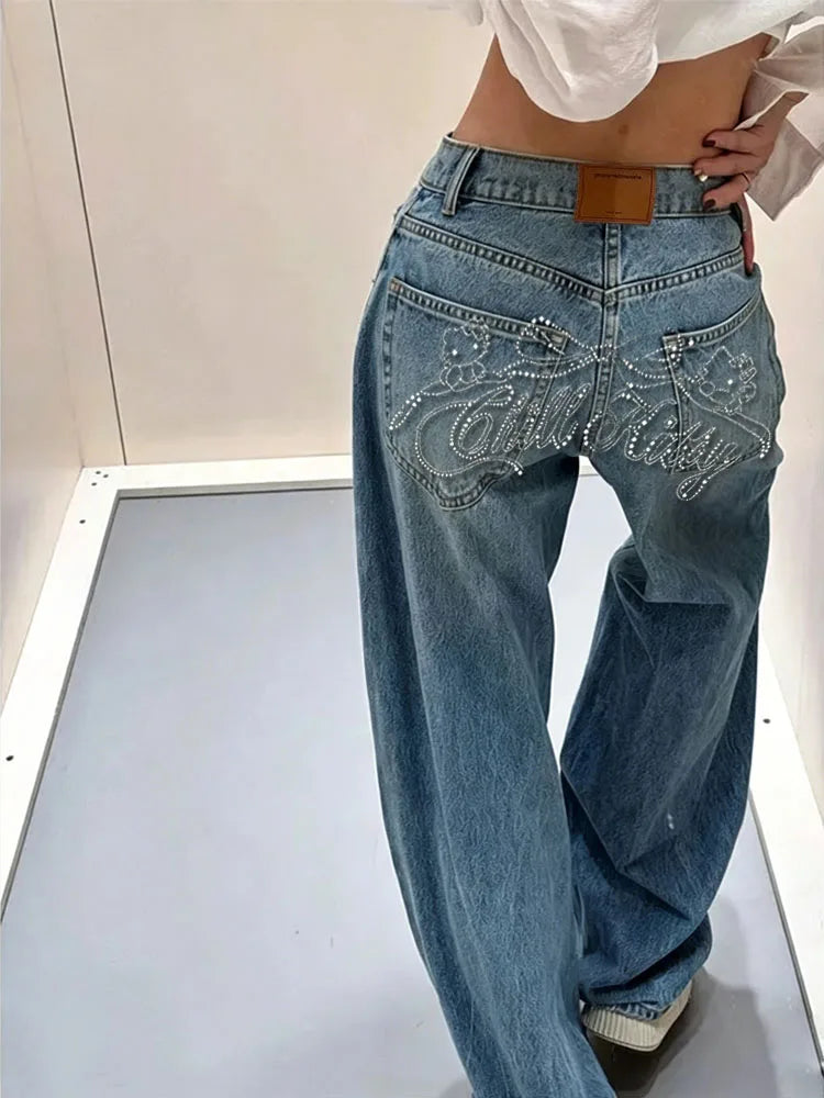 Women Y2K Gradient Blue Jeans Retro Letter Print High Waist Denim Pants 2025