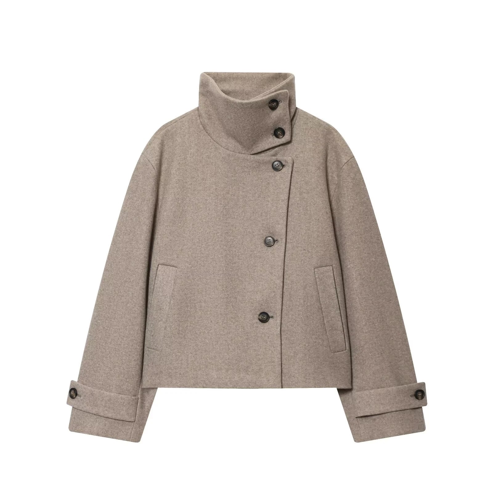 Women Loose Fit Stand Collar Coat Long Sleeve Buckle Casual Winter Jacket
