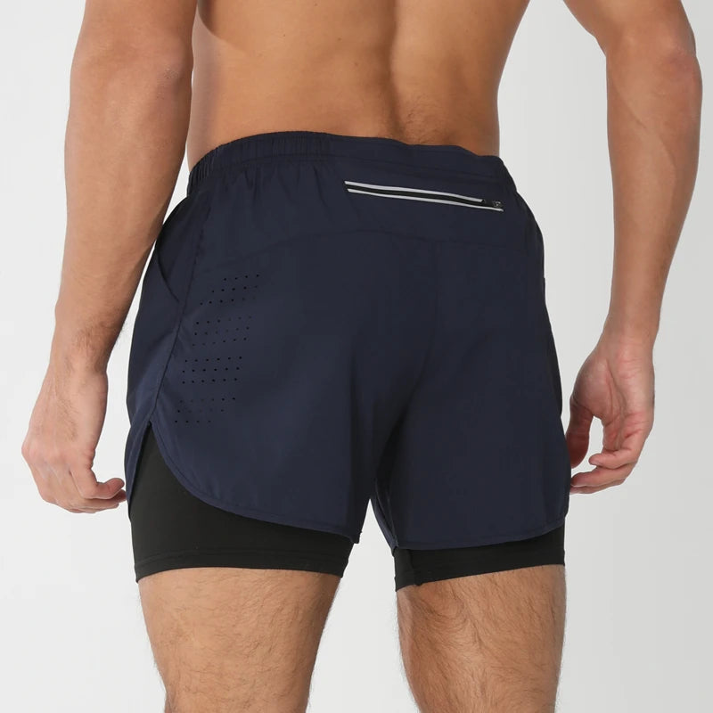 Men 2-in-1 Double Layer Running Shorts Quick Dry Gym Fitness Training Shorts