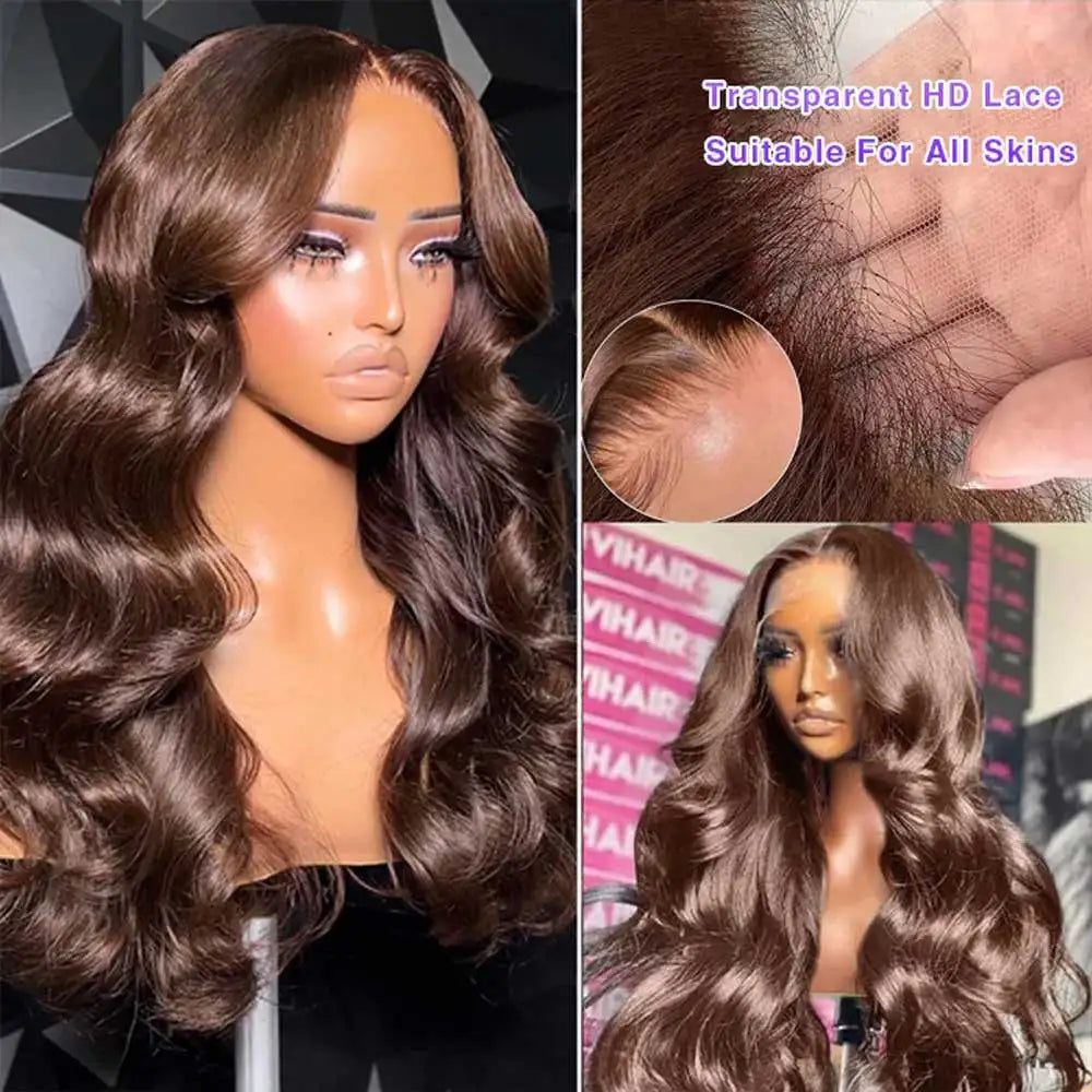 Women Chocolate Brown Body Wave Human Hair Lace Front Wig 13x4 HD Wet And Wavy