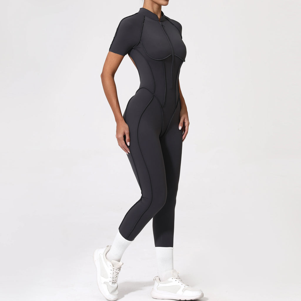 Women Backless Yoga Jumpsuit Zipper Gym Fitness Bodysuit Sportswear
