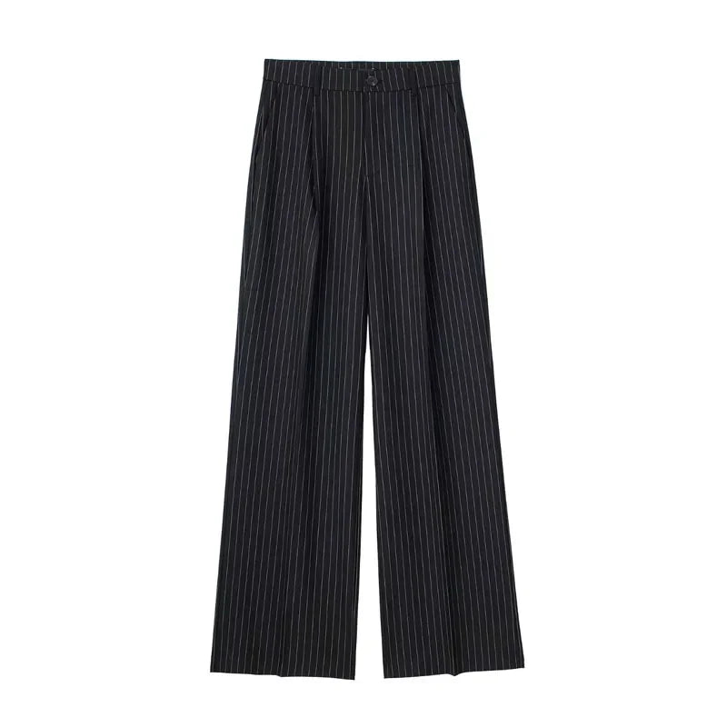Women High Waist Striped Wide Leg Suit Pants Office Casual Trousers