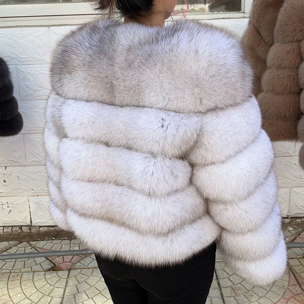Women Real Fox Fur Winter Coat Brown Leather Jacket
