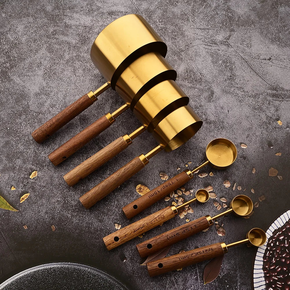Stainless Steel Measuring Cups Spoons Set Wooden Handle Baking Coffee Tools