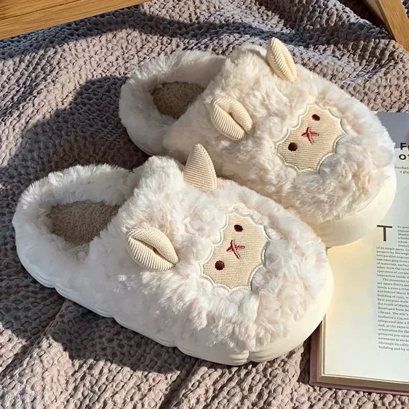 Winter Cartoon Plush Slippers Faux Fur Sheep Design Warm Indoor Couple Home Shoes