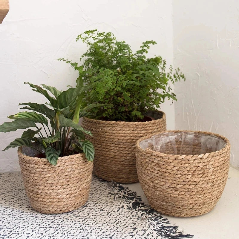 Straw Weaving Plant Pot Basket Grass Planter Cover Indoor Outdoor Flower Container