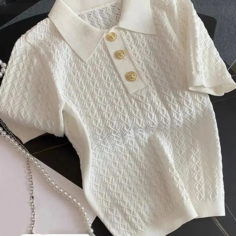 Women Ice Silk Polo Shirt Knitted Short Sleeve Jacquard Summer Chic Thin Top Style
