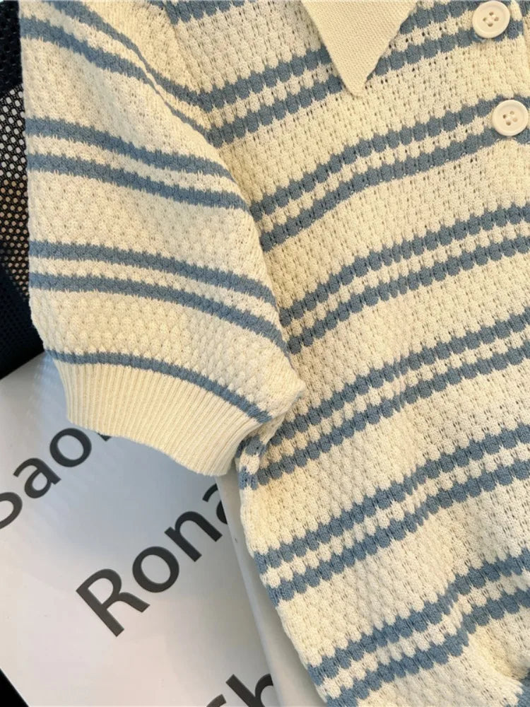 Women Striped Polo Knit T Shirt Short Sleeve Slim Fit Top