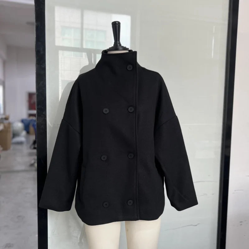Women Stand Collar Wool Blend Jacket Loose Zip Up Coat