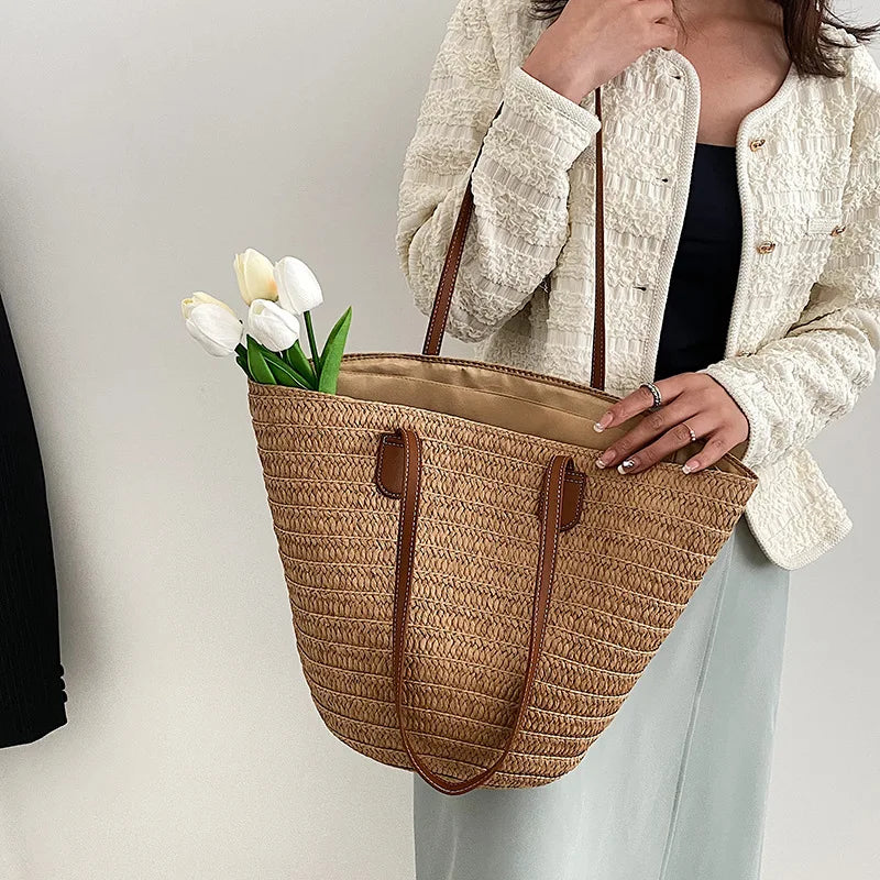 Women Straw Woven Tote Bag Large Capacity Beach Shoulder Handbag