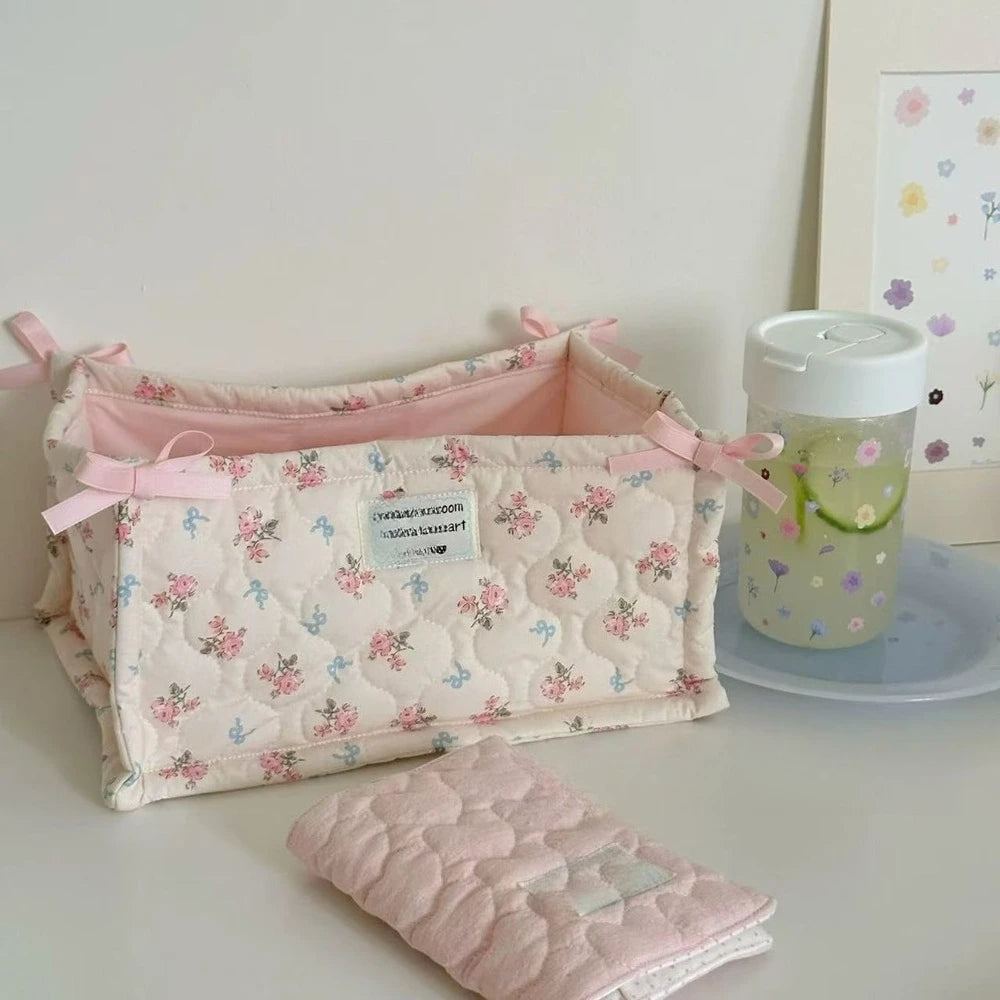 Lace Flower Quilted Square Storage Basket Desktop Organizer Home Decor Basket