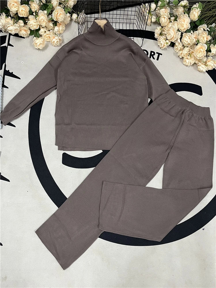 Women Knitted Two Piece Set Turtleneck Sweater and Straight Jogger Pants Winter Tracksuit