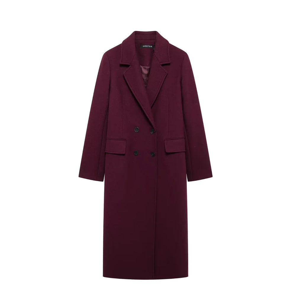 Women Burgundy Double Breasted Coat Elegant Winter Jacket