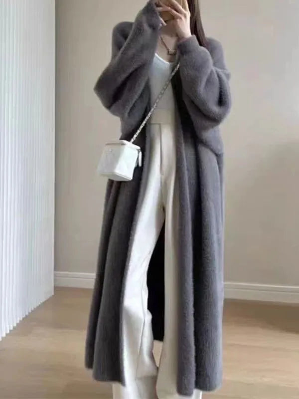 Women Loose Fit Knit Coat Knee Length Faux Fur Long Sleeve Warm Winter Jacket