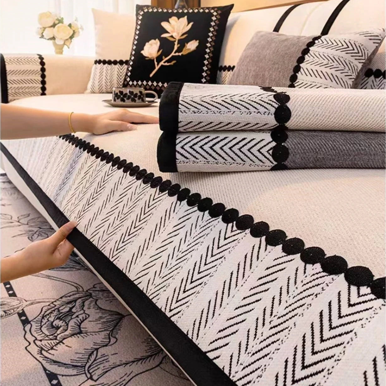 Contrast Hem Chenille Sofa Cover Non Slip Couch Protector for All Seasons