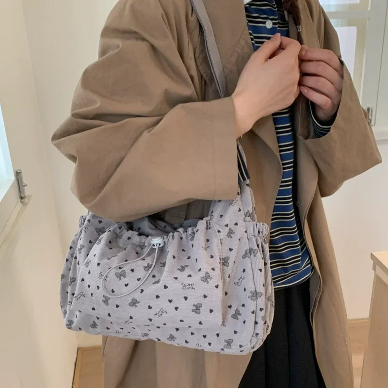 Nylon Shoulder Bag Plaid Tote Crossbody Drawstring Cloud Commuter Bag