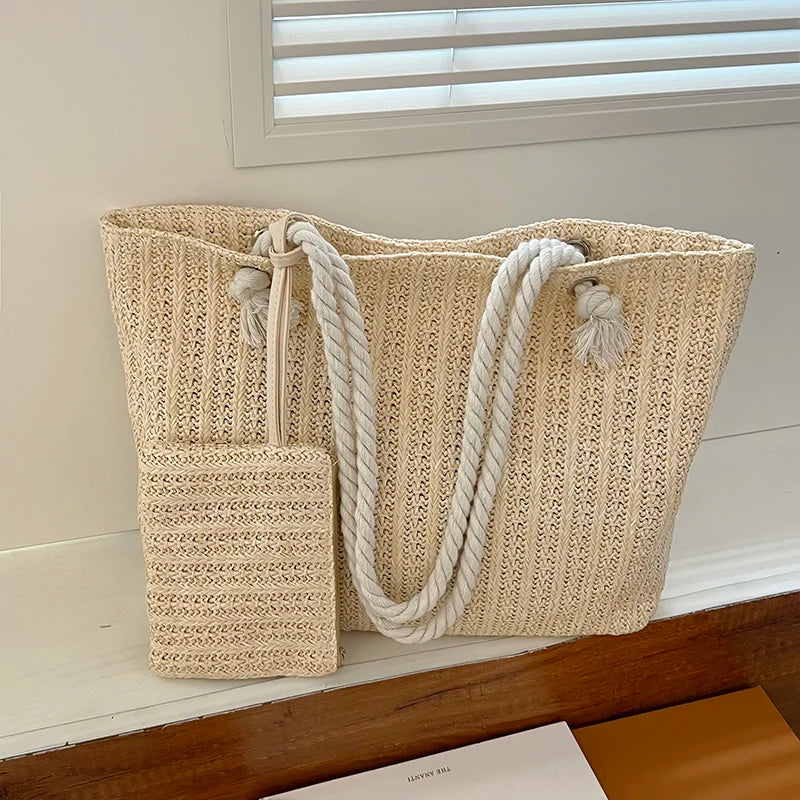 Women Straw Tote Bag Large Capacity Beach Handbag