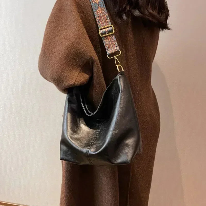 Vintage PU Leather Bucket Bag Large Capacity Shoulder Crossbody Handbag