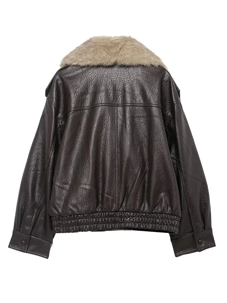 Women Faux Leather Winter Jacket Loose Fit Double Breasted Coat with Fur Collar