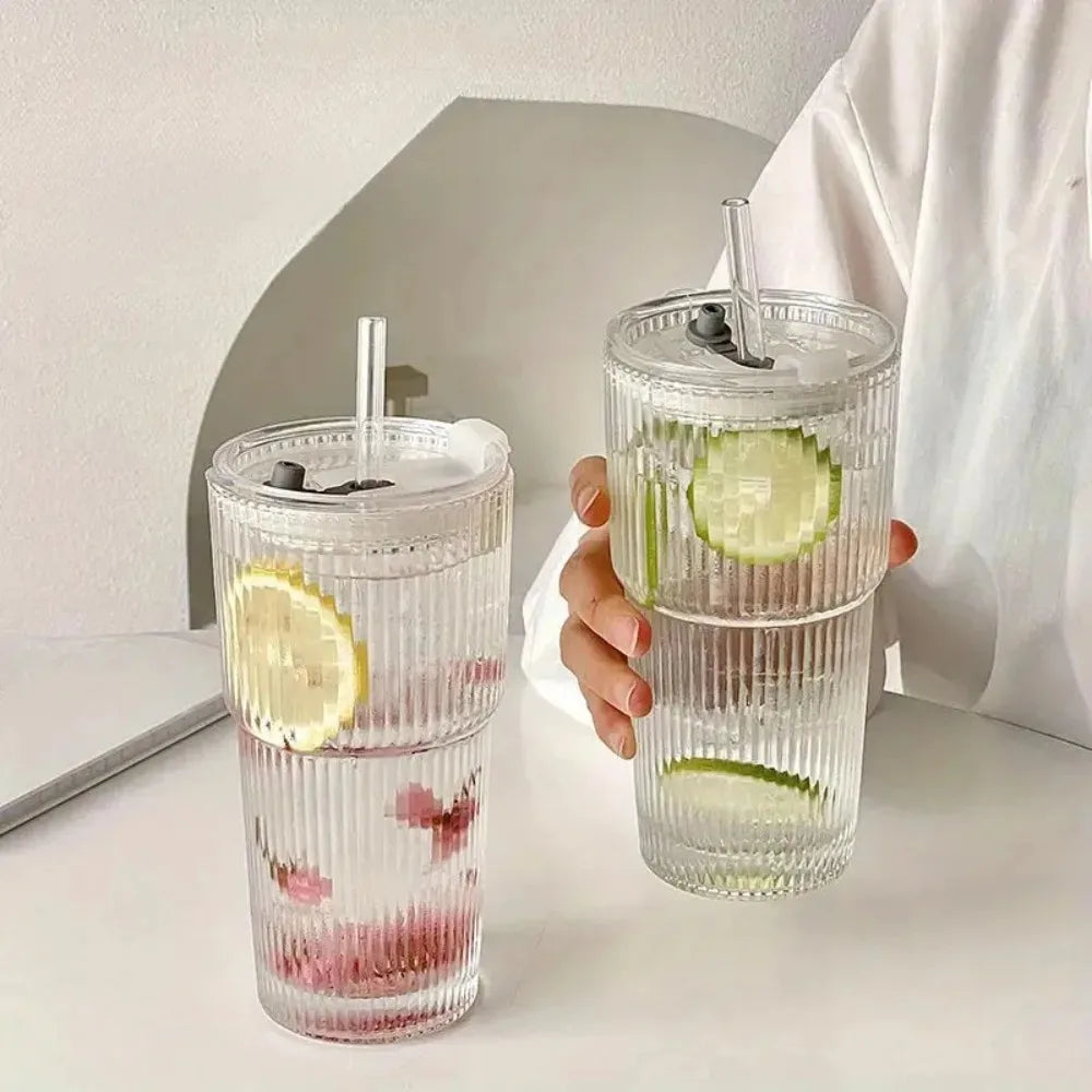 600ml Striped Glass Cup with Lid Straw Transparent Mug for Juice Water Iced Coffee