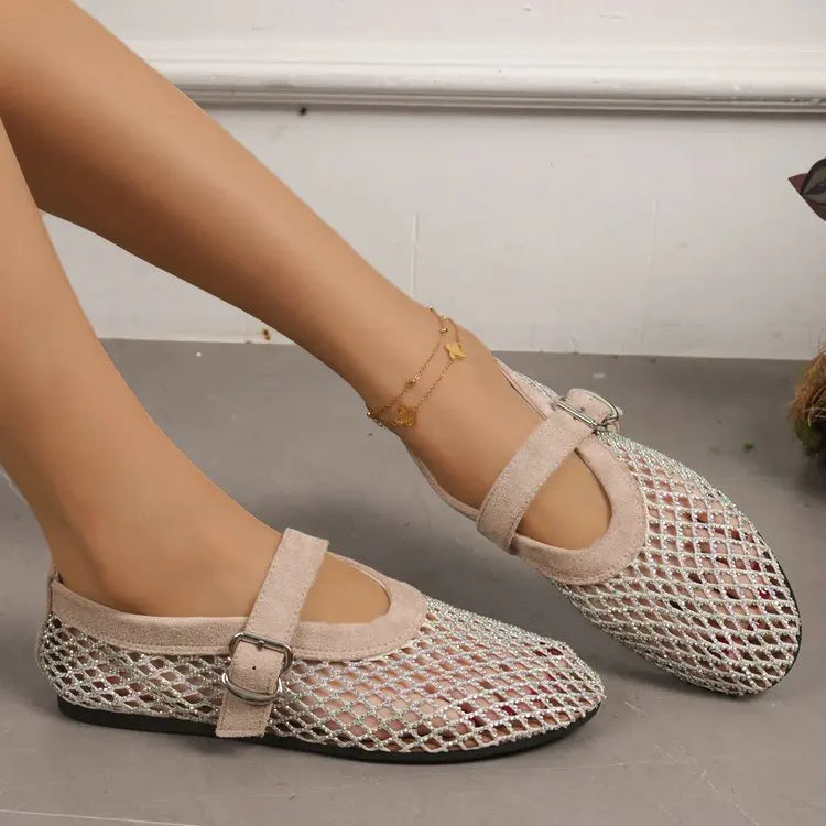 Women Fishnet Rhinestone Ballet Flats Hollow Strap Mary Jane Shoes 2026