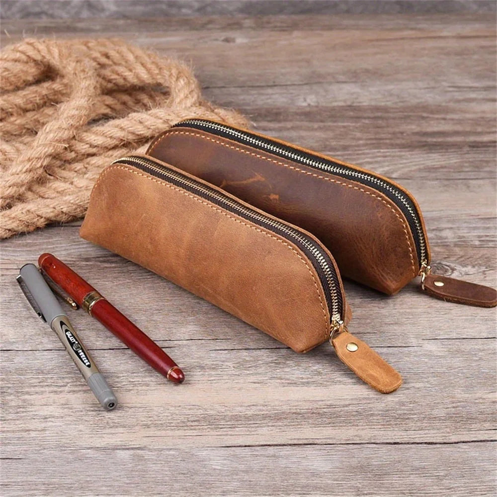 Vintage Leather Pencil Case Zipper Pouch Pen Holder Glasses Storage Bag