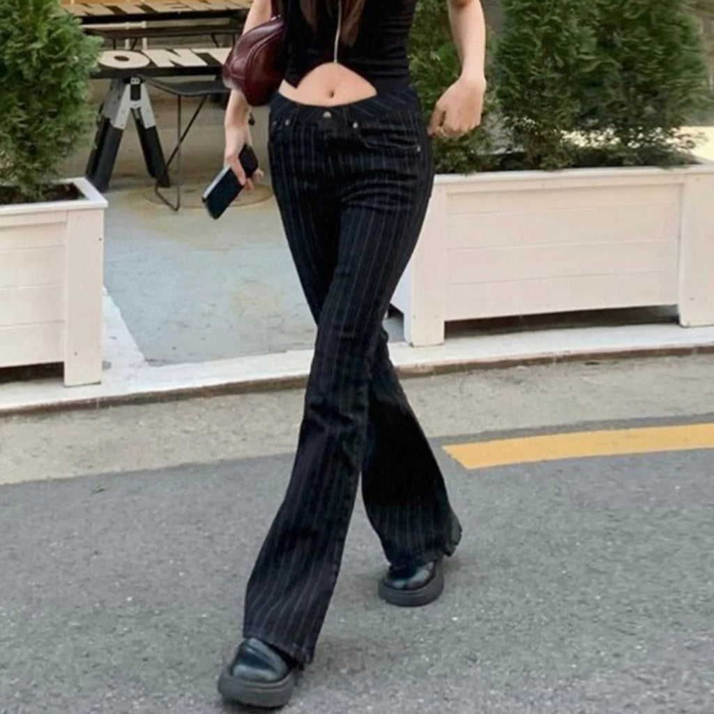 Women Y2K Low Rise Bootcut Flare Jeans Black Striped Denim Streetwear Pants