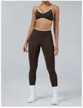 Color Block Yoga Set Women Sports Bra High Waist Shorts Gym Fitness Activewear