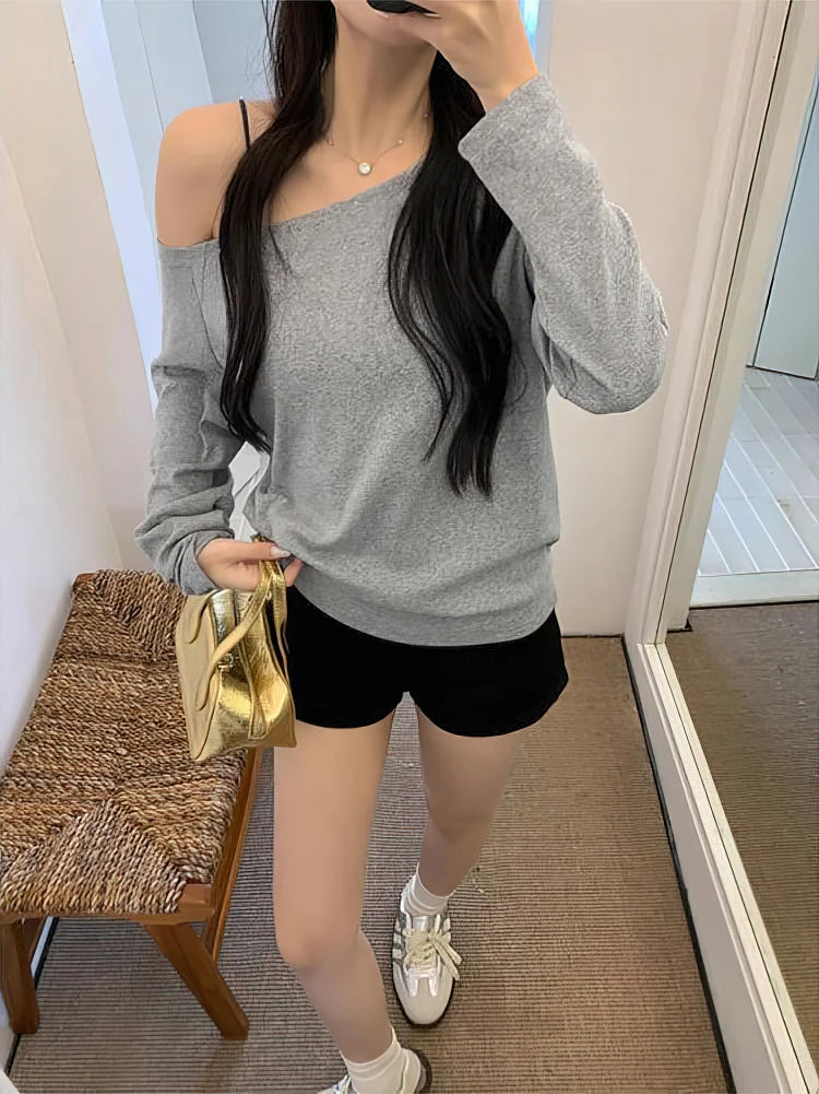 Women Off Shoulder Long Sleeve Loose Sexy Basic Top Casual Blouse