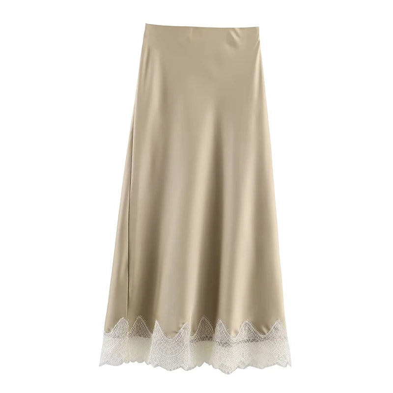Women Lace Detail Pleated A Line Midi Skirt High Waist Elegant Skirt