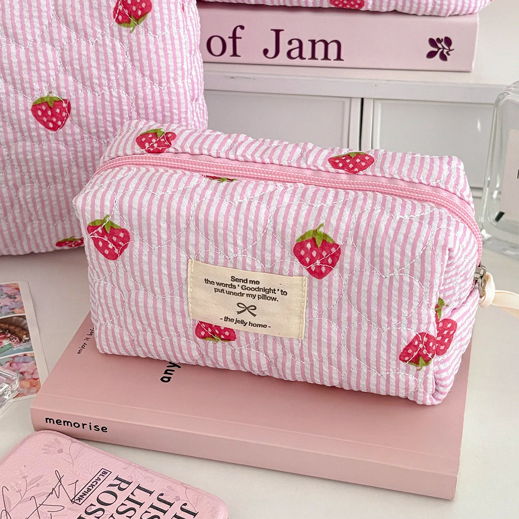 Pink Strawberry Quilted Cosmetic Travel Makeup Storage Bag