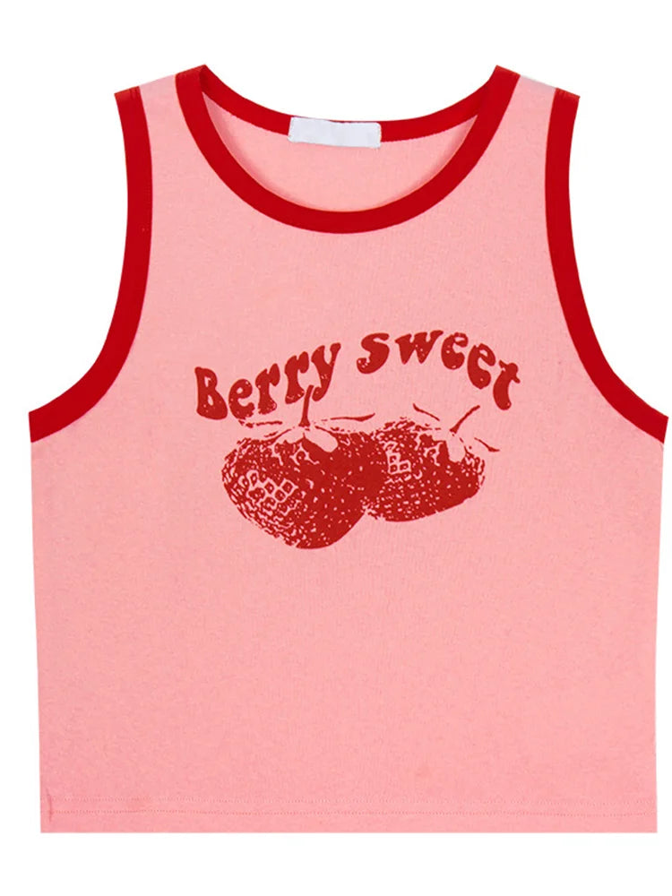 Women Y2K Pink Print Off Shoulder Crop Tank Top Sleeveless 90s Vintage Casual Sexy Top