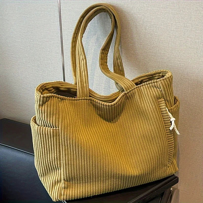 Women Corduroy Handbag Large Capacity Zipper Shoulder Bag Casual Commuter Tote