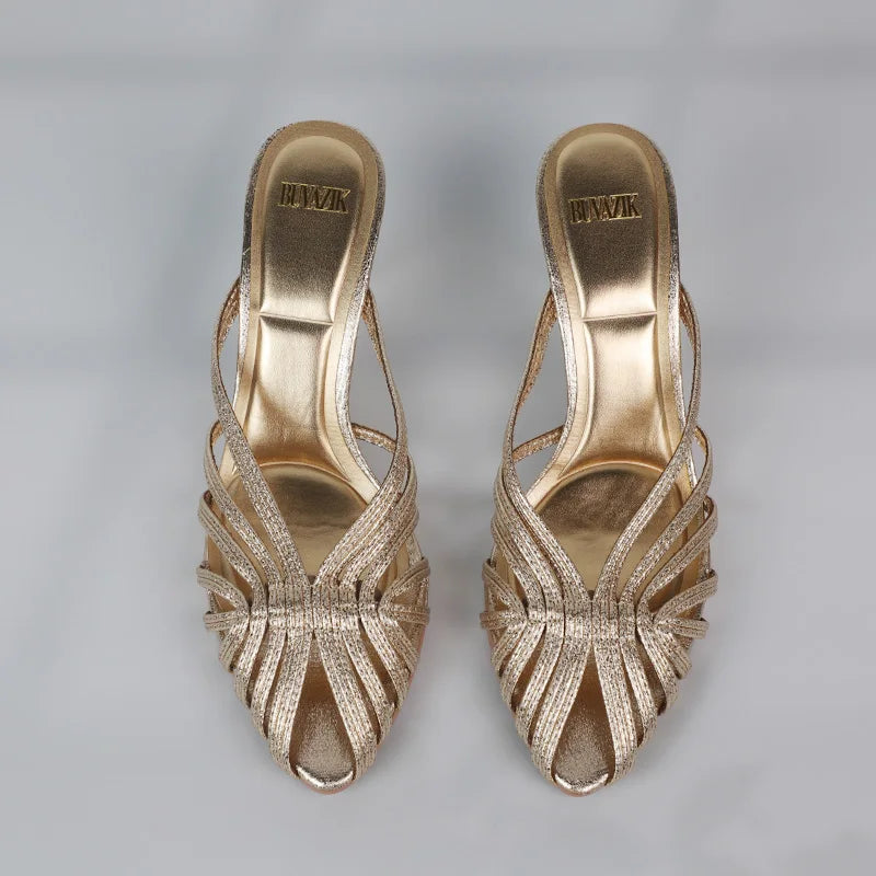 Gold Pointed Toe Mule Heels for Women Stiletto Sandals